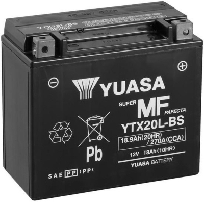 motobaterie 12V, YTX20L, 18,9Ah, 270A, bezúdržbová MF AGM 175x87x155, YUASA originál (aktivovaná ve výrobě)