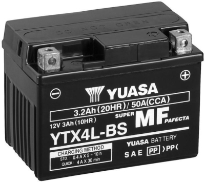 motobaterie 12V, YTX4L-BS, 3,2Ah, 50A, bezúdržbová MF AGM 114x71x86, YUASA originál (vč. balení elektrolytu)