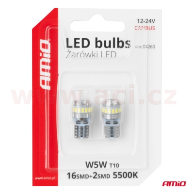 LED 12/24V 16xSMD 3014 + 2xSMD 3030 bílá 5500k (patice W2,1×9,5d/T10) CAN-BUS sada 2 ks