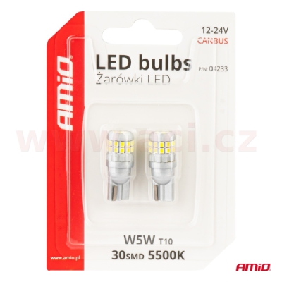 LED 12/24V 30xSMD 2016 bílá 5500k (patice W2,1×9,5d/T10) CAN-BUS sada 2 ks
