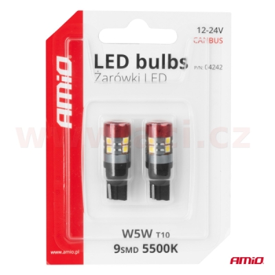 LED 12/24V 9xSMD 3030 bílá 5500k (patice W2,1×9,5d/T10) CAN-BUS sada 2 ks