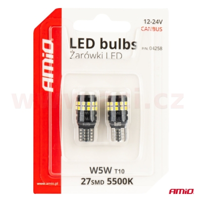 LED 12/24V 27xSMD 2016 bílá 5500k (patice W2,1×9,5d/T10) CAN-BUS sada 2 ks