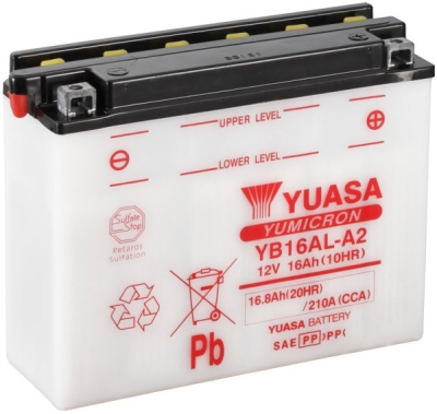 motobaterie 12V, YB16AL-A2, 16,8Ah, 210A, konvenční YUMICRON 207x72x164, YUASA originál (vč. balení elektrolytu)