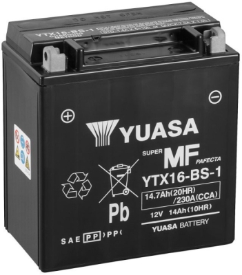motobaterie 12V, YTX16-BS-1, 14,7Ah, 230A, bezúdržbová MF AGM 150x87x161, YUASA originál (vč. balení elektrolytu)