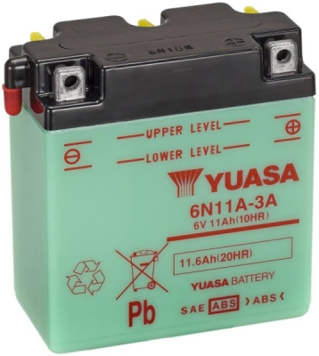 motobaterie 6V, 6N11A-3A, 11,6Ah, konvenční 122x62x131, YUASA originál (vč. balení elektrolytu)