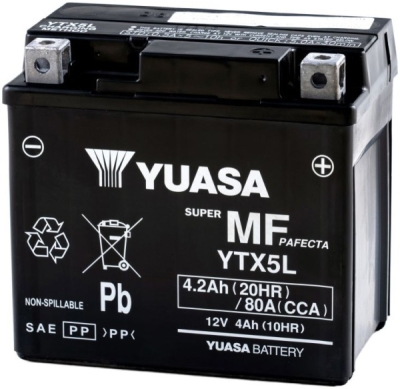 motobaterie 12V, YTX5L, 4,2Ah, 80A, bezúdržbová MF AGM 115x72x107, YUASA originál (aktivovaná ve výrobě)