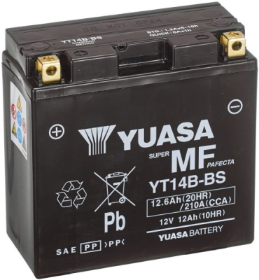 motobaterie 12V, YT14B-BS, 12,6Ah, 210A, bezúdržbová MF AGM 150x70x145, YUASA originál (vč. balení elektrolytu)