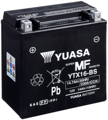 motobaterie 12V, YTX16-BS, 14,7Ah, 230A, bezúdržbová MF AGM 150x87x161, YUASA originál (vč. balení elektrolytu)