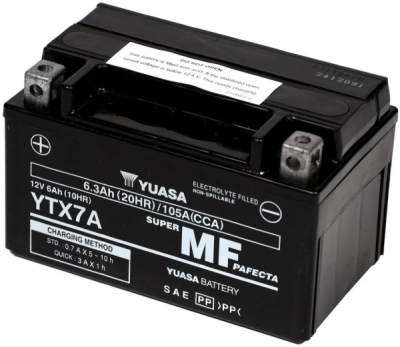 motobaterie 12V, YTX7A, 6,3Ah, 105A, bezúdržbová SUPER MF AGM 150x87x93, YUASA originál (aktivovaná ve výrobě)