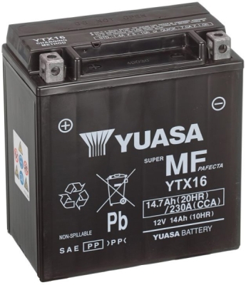 motobaterie 12V, YTX16, 14,7Ah, 230A, bezúdržbová MF AGM 150x87x161, YUASA originál (aktivovaná ve výrobě)