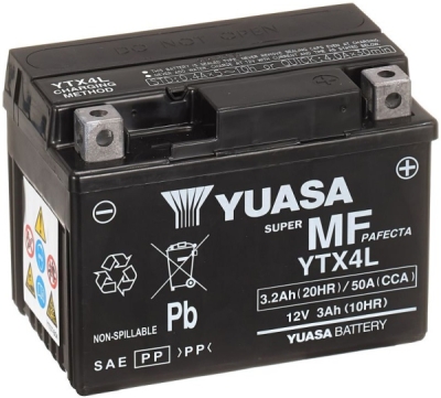 motobaterie 12V, YTX4L, 3,2Ah, 50A, bezúdržbová MF AGM 114x71x86, YUASA originál (aktivovaná ve výrobě)