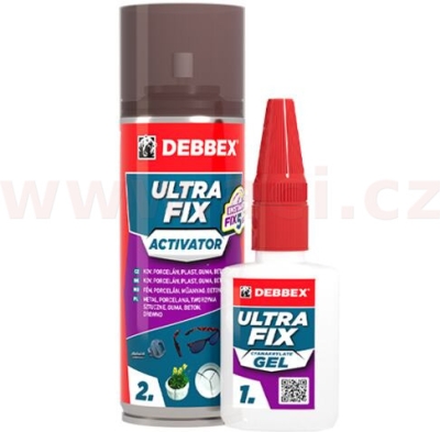 sekundové lepidlo s aktivátorem ULTRA FIX 50g Gel, 250 ml Aktivátor, DEBBEX