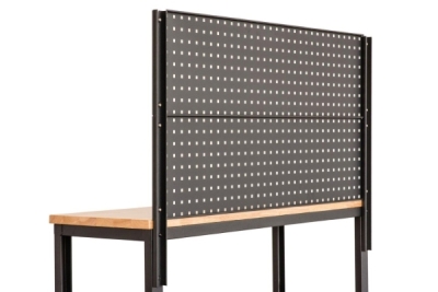 Værkstedsbord med træplade og værktøjsboards i perforeret metal (133,5 x 46,5 x 165 cm)