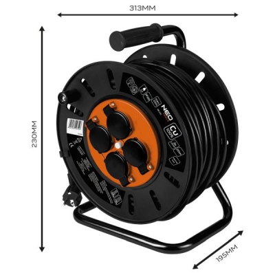 Forlængerledning på kabeltromle 20 m – 3x1,5 mm², 3200 W, 230 V (kobber, termisk sikring)