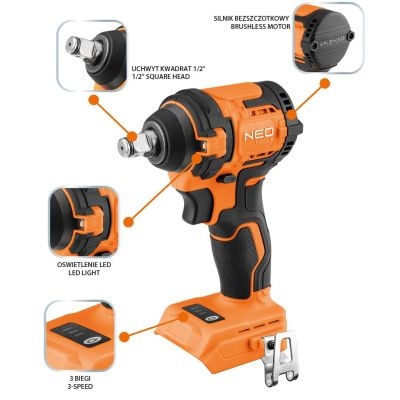 18V børsteløs slagnøgle – 350 Nm, kompakt, ENERGY+, 3 gear/3 slag, LED og bæltemontering