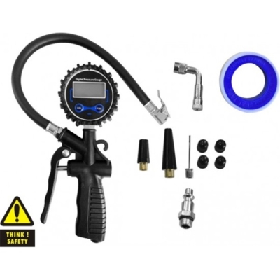 Digital Dæktryksmåler / Dækfyldepistol 0-14 Bar med manometer (inkl. tilslutning og 4 tips)