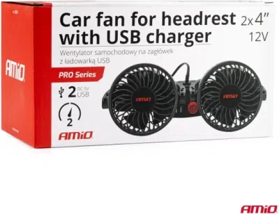 AMiO Pro dobbelt USB-bilventilator til nakkestøtte – 4 tommer