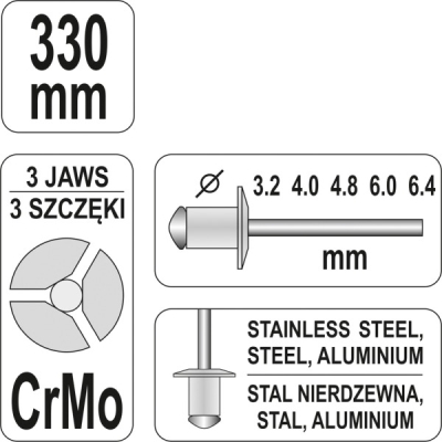 Håndbetjent popnittetang 3,2–6,4 mm – 330 mm