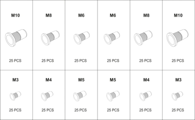 Blindnittemøtriksortiment i stål og aluminium M3-M10 – 300 dele