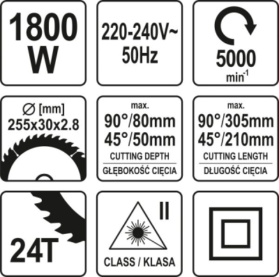 Geringssav 255 mm 1800 W med laser og udtræk
