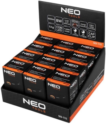 NEO genopladelig pandelampe 500 lm med USB, COB LED og bevægelsessensor – 12 stk.