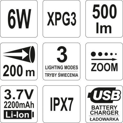 LED lommelygte 6W/500 lm usb/genopl.