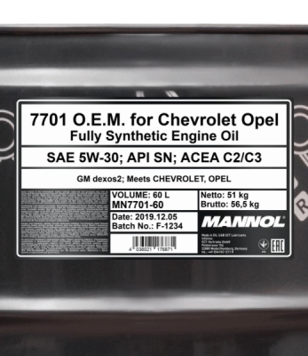Mannol 5W30  60L. O.E.M. for Chevrolet Opel/PSA