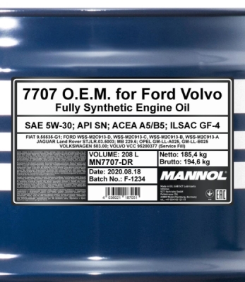 Mannol 5W30 208L. O.E.M. for Ford Volvo