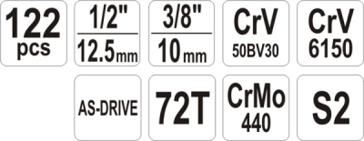 Topnøglesæt 1/4", 1/2" (122 dele)