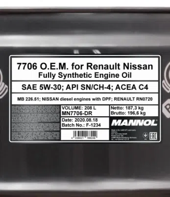 Mannol 5W30 208L. O.E.M. for Renault Nissan