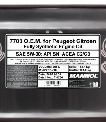Mannol 5W30 208L. O.E.M. for Peugeot Citroen
