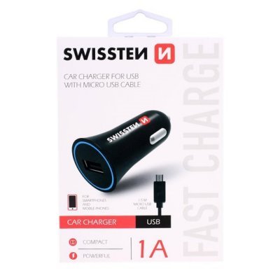 Zástrčka SWISSTEN s 1x USB výstupem 1.0 A, 12/24V s kabelem microUSB