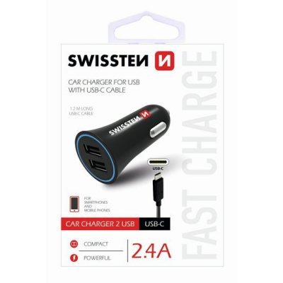Zástrčka SWISSTEN s 2x USB výstupem 2,4 A, 12/24V s kabelem USB-C