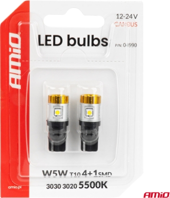 LED žiarovky CANBUS T10 3030 4SMD + 3020 1SMD White 12/24V AMIO-04990