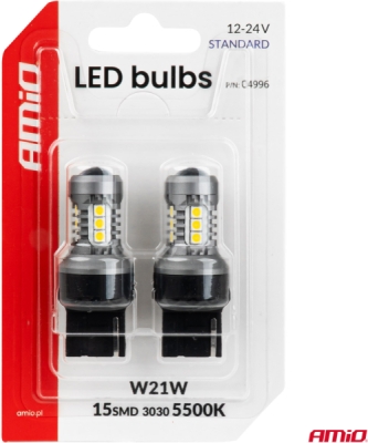 LED žiarovky STANDARD 7440 W21W 3030 15SMD White 12/24V AMIO-04996