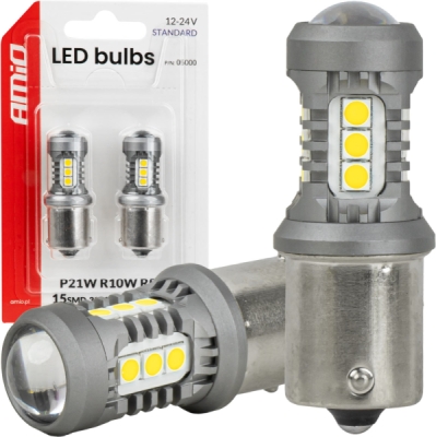 LED žiarovky STANDARD BA15S P21W 3030 15SMD White 12/24V AMIO-05000