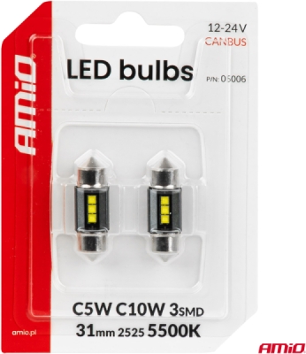LED žiarovky CANBUS 31mm 2525 3SMD White 12/24V AMIO-05006