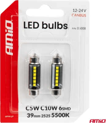 LED žiarovky CANBUS 39mm 2525 6SMD White 12/24V AMIO-05008