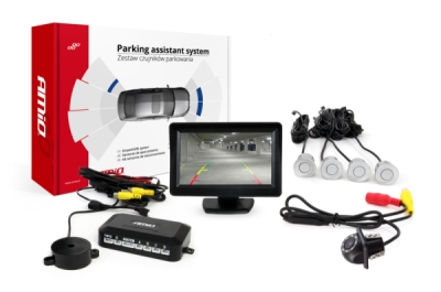 AMiO - Parkovací asistent TFT01 4,3" s kamerou HD-305 LED 4-senzorové strieborné
