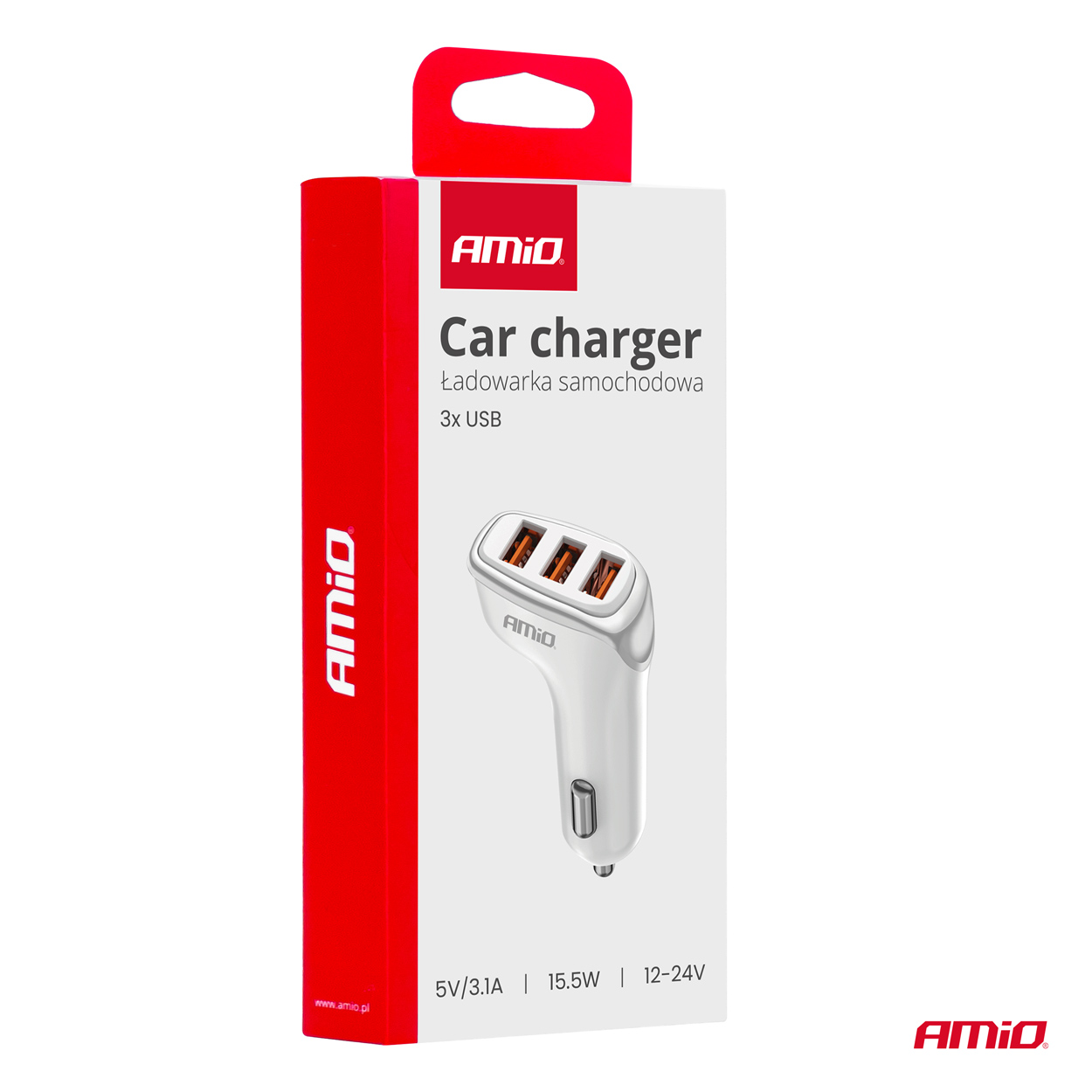 AMiO - Nabíjačka do auta 3x USB-A 3.1A 12/24V
