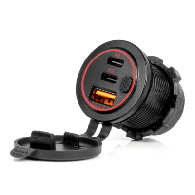 AMiO - Vodotesná nabíjačka na telefón s vypínačom ČERVENÉ LED podsvietenie USB + 2xUSB C QC3.0 12/24V