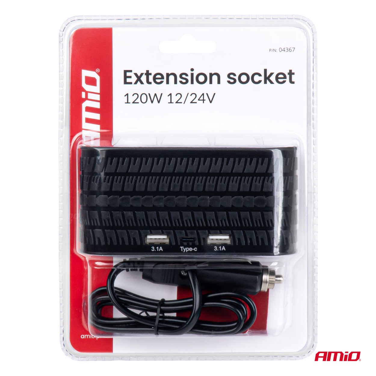 AMiO - Predlžovacia zásuvka 2x USB-A 1x USB-C 12/24V 120W 80cm