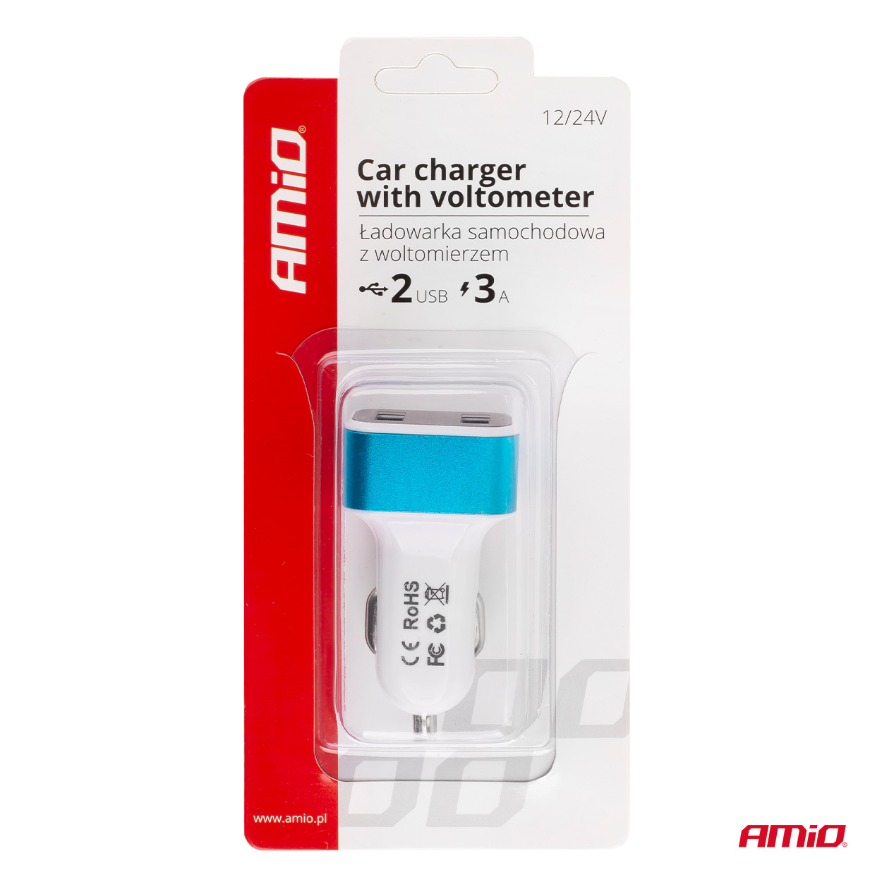 AMiO - Nabíjačka do auta 2x USB + voltmeter TEST-04