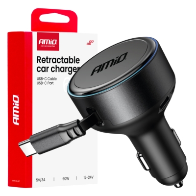 AMiO - Nabíjačka do auta výsuvná C kábel + USB C port 12/24V 60W