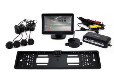 AMiO - Parkovací asistent TFT01 4,3” s kamerou CAM-402 LED v podložke pod ŠPZ, 4-senzorové, čierne