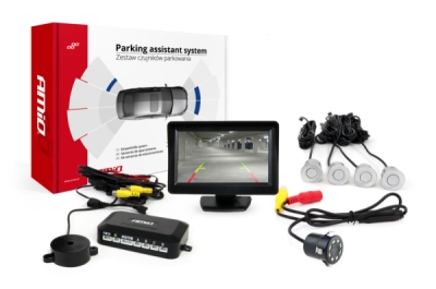 AMiO - Parkovací asistent TFT01 4,3” s kamerou CAM-308 LED, 4-senzorové strieborné