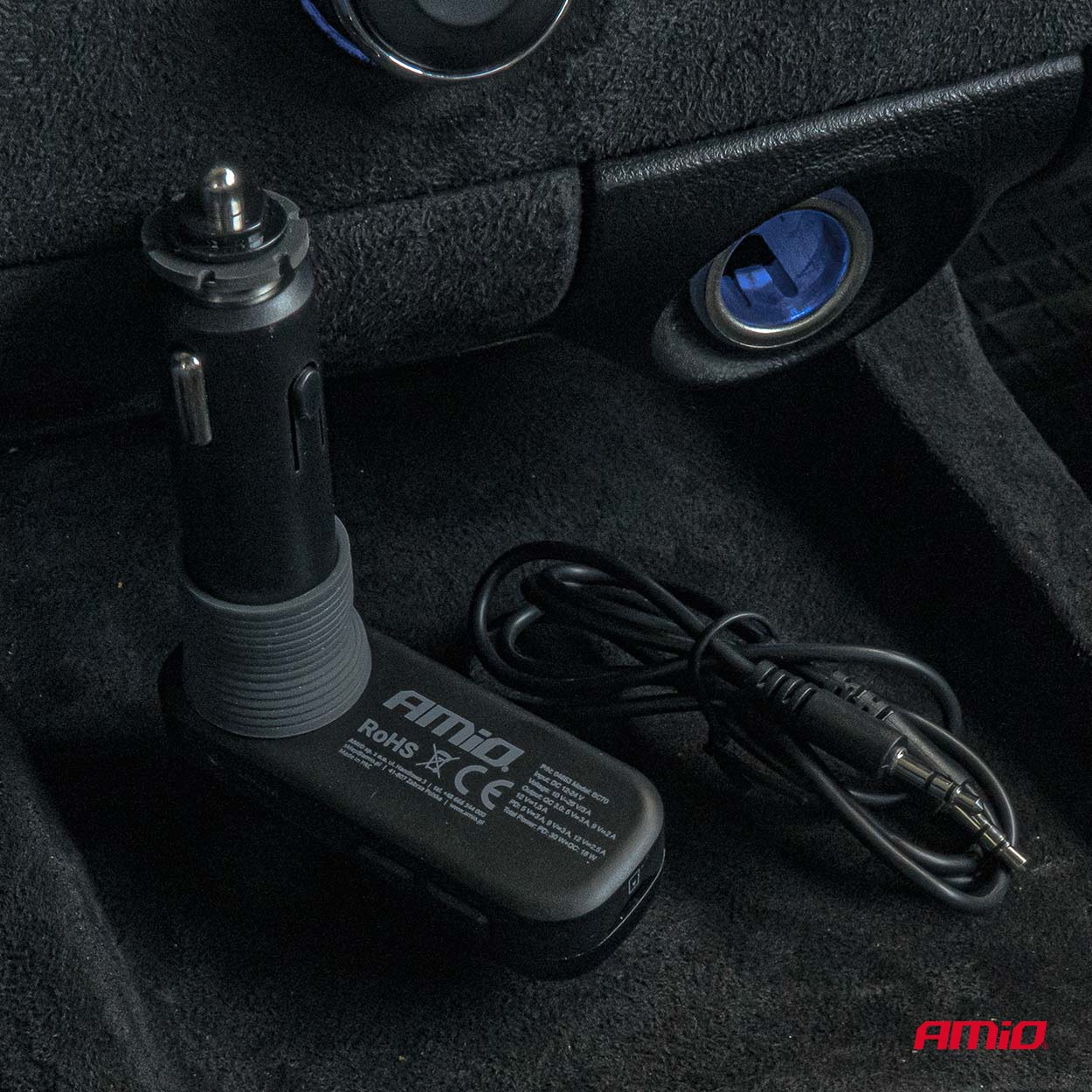 AMiO - FM transmitter 2×USB-A 1×USB-C mircoSD 12V 24V