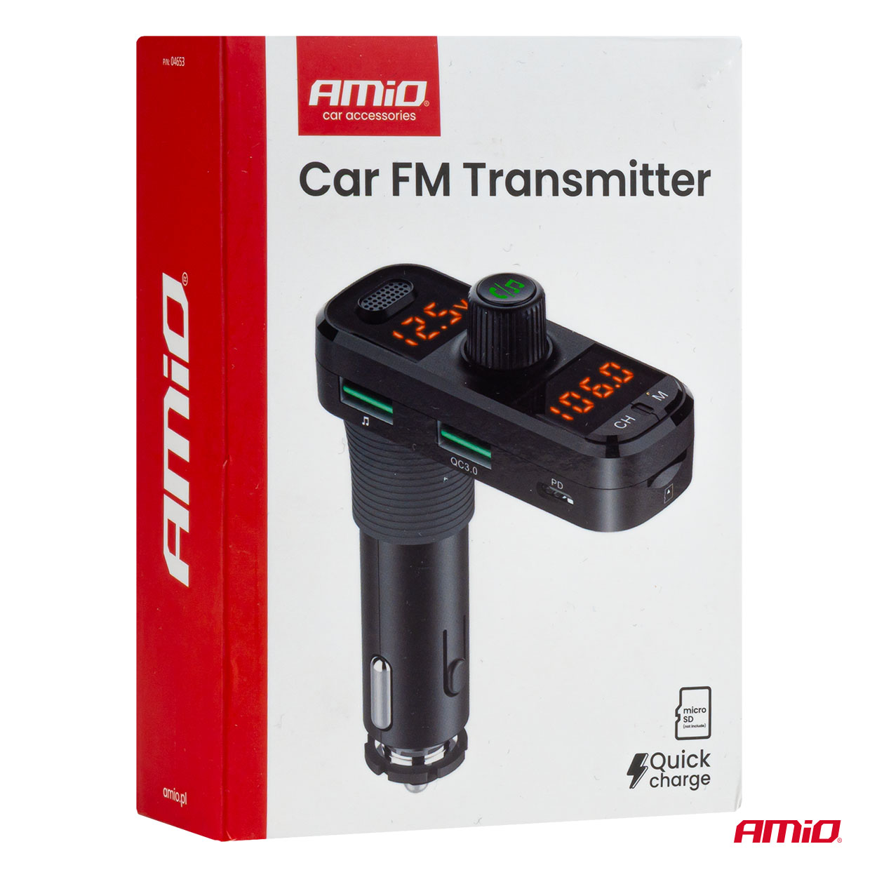 AMiO - FM transmitter 2×USB-A 1×USB-C mircoSD 12V 24V