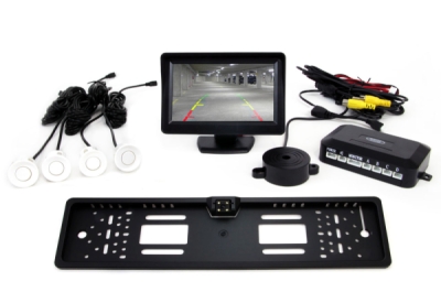 AMiO - Parkovací asistent TFT01 4,3” s kamerou CAM-402 LED v podložke pod ŠPZ, 4-senzorové, biele