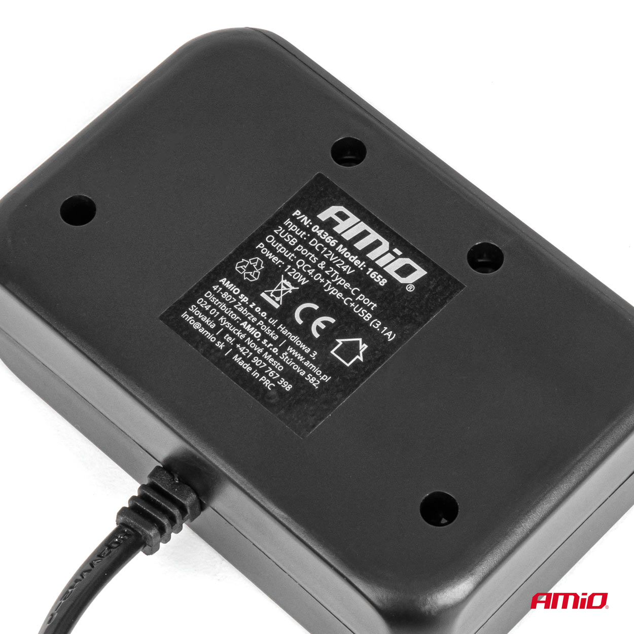 AMiO - Predlžovacia zásuvka 2x USB-A 1x USB-C QC4.0 12/24V 120W 80cm